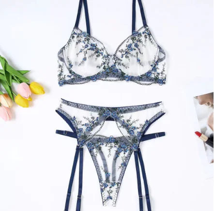 Floral Embroidered Blue Lace Lingerie Set